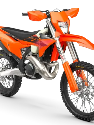 KTM 300 EXC 2027 in orangener Werkslackierung, Seitenansicht