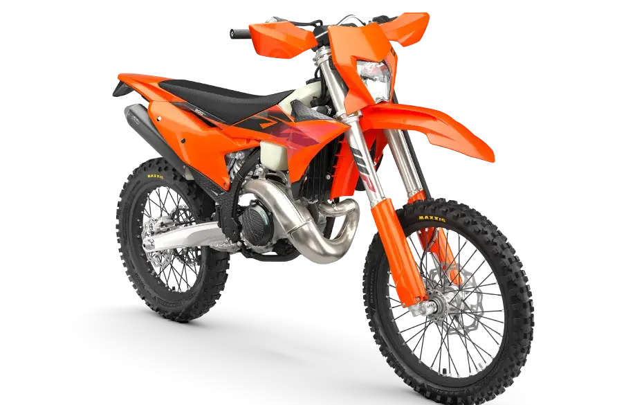 KTM 300 EXC 2027 in orangener Werkslackierung, Seitenansicht