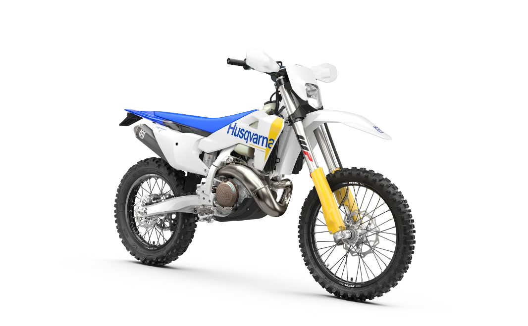 Seitenansicht der Husqvarna TE 300 2027 Sportenduro mit blauem Sitz und moderner Enduro-Technik