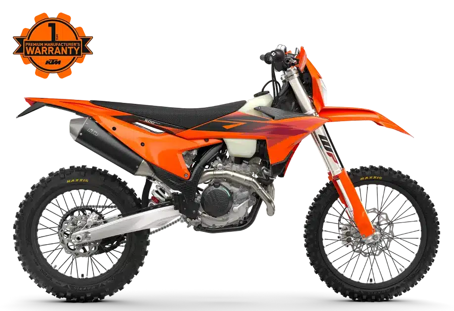 Seitenansicht der KTM 500 EXC-F 2027 mit transparentem Kraftstofftank und WP Fahrwerk
