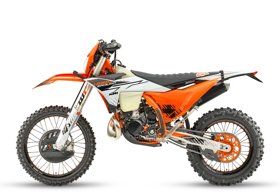 KTM 300 EXC HARDENDURO Enduro-Motorrad Modelljahr 2026, Seitenansicht, orange-schwarzes Design mit WP-Fahrwerk und Enduro-Bereifung.