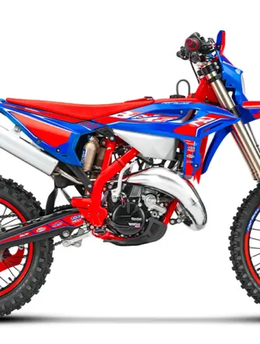 Beta RR Race 2T 125 Enduro-Motorrad Seitenansicht in Blau und Rot.