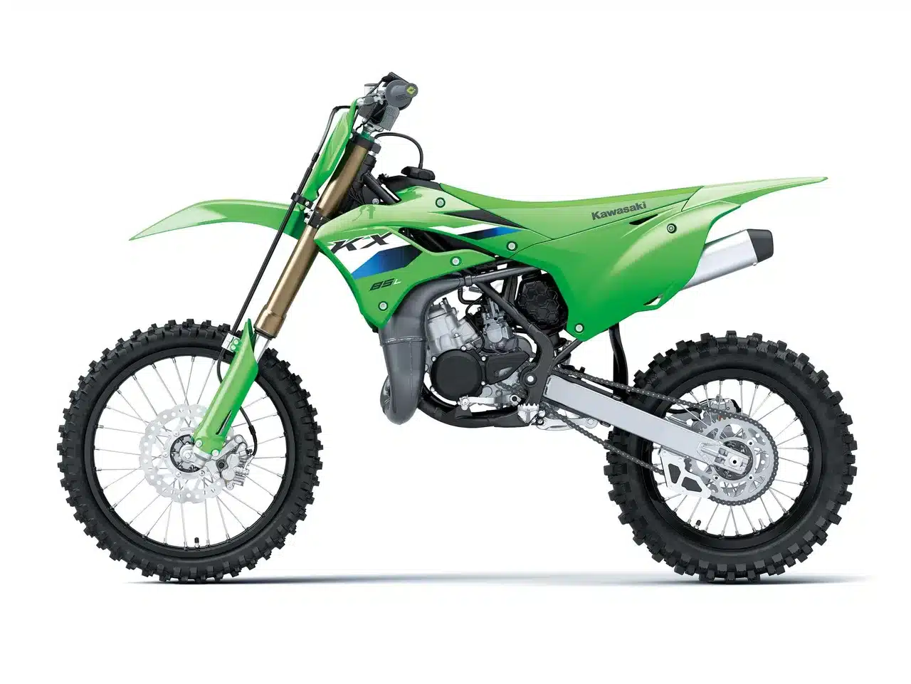 Kawasaki KX85 L 2027 Motocross-Motorrad in Grün, Seitenansicht
