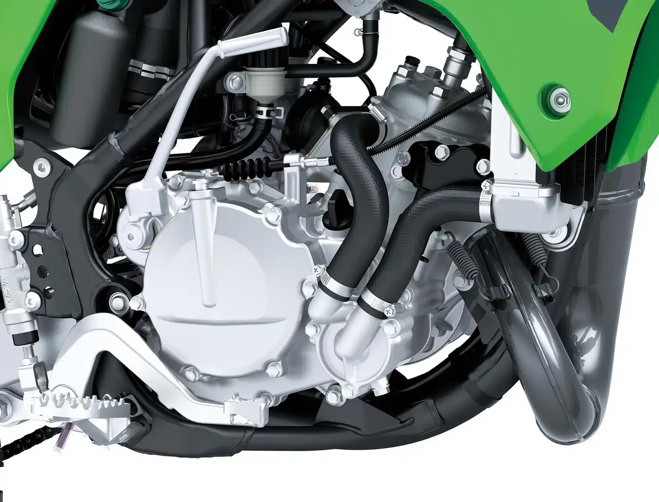Detailansicht des 2-Takt-Motors und Fahrwerks der Kawasaki KX85 L 2027
