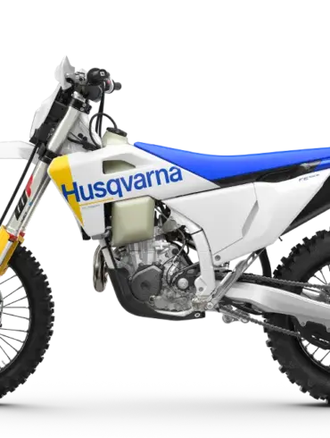 Husqvarna FE 501 Enduro 2027, Seitenansicht mit blauem Sitz und gelbem Gabelschutz