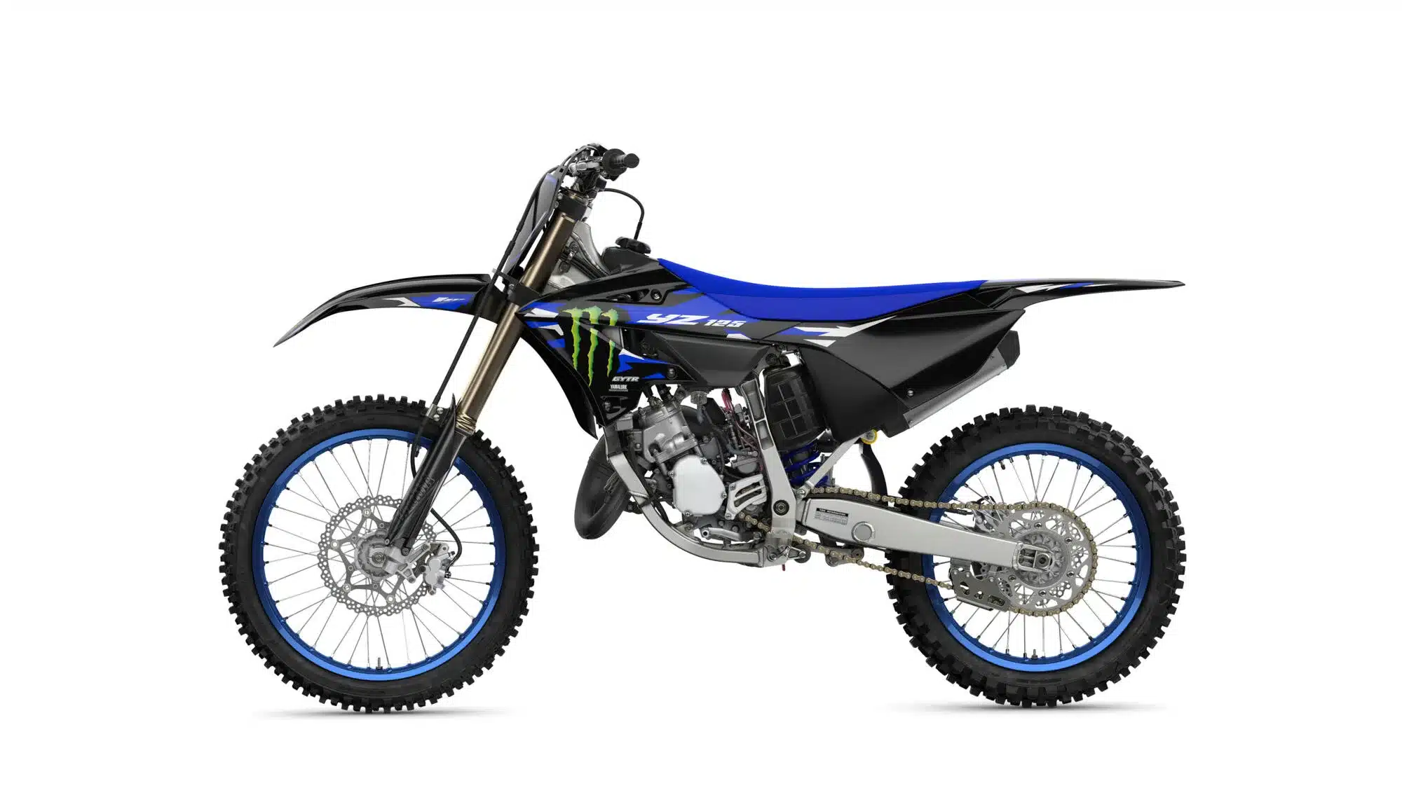 Yamaha YZ125 Monster Energy Yamaha Racing Edition in Seitenansicht, schwarze Karosserie mit blauen Akzenten und Monster Energy Grafik, auf weißem Hintergrund.