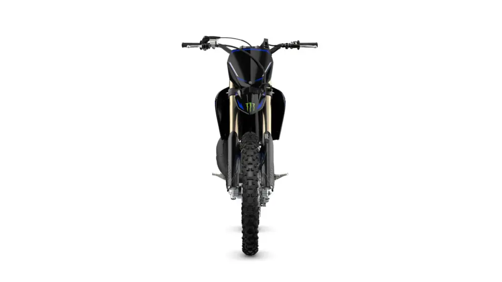 Yamaha YZ125 Monster Energy Yamaha Racing Edition in der Frontansicht, schwarze Lackierung mit blauen Akzenten, Motocross-Bike.