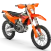 Seitenansicht einer KTM 350 EXC-F Enduro des Modelljahrs 2027 in Orange vor weißem Hintergrund.