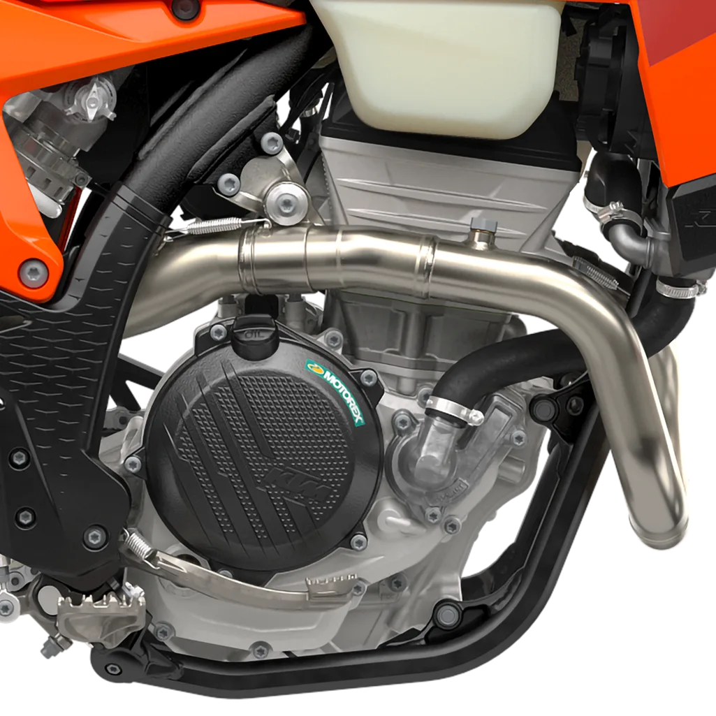 Motor und Auspuffanlage der KTM 350 EXC-F von der Seite