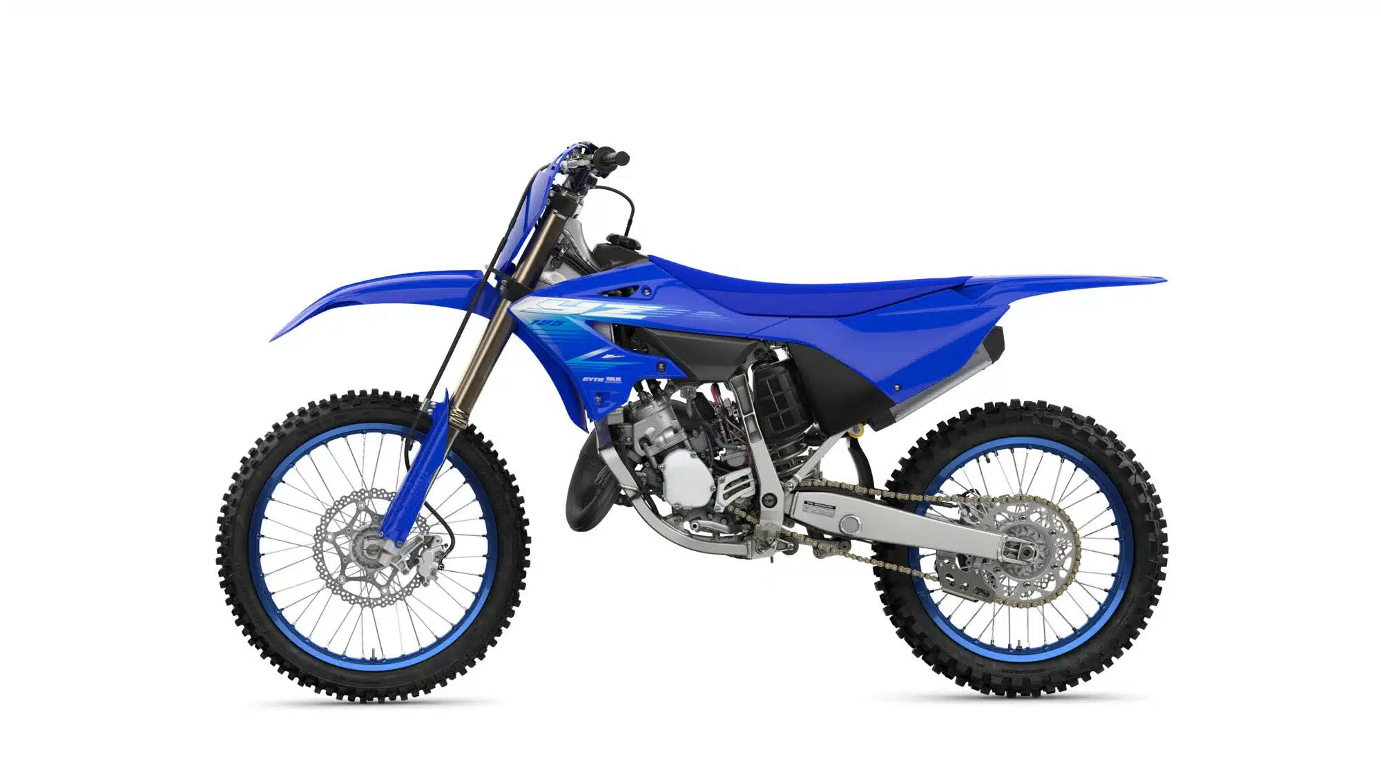 Seitenansicht einer Yamaha YZ125 Motocross-Maschine in Blau