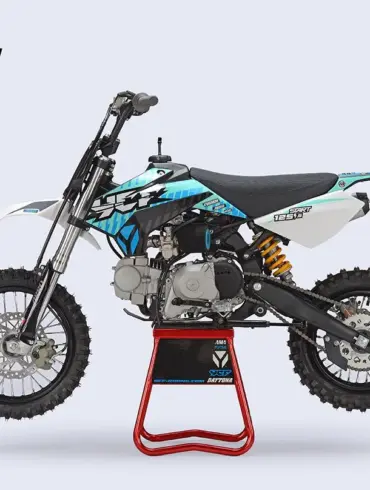 Seitenansicht der YCF Start 125SE 2026, einem Einsteiger-Dirtbike mit halbautomatischem Getriebe, robustem Fahrwerk und Offroad-Ausstattung.