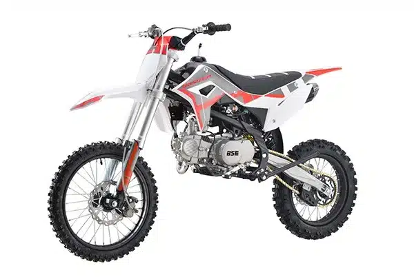 BSE Trail Pitbike PH10L-140 in weiß-rot, Seitenansicht, freigestellt auf weißem Hintergrund.