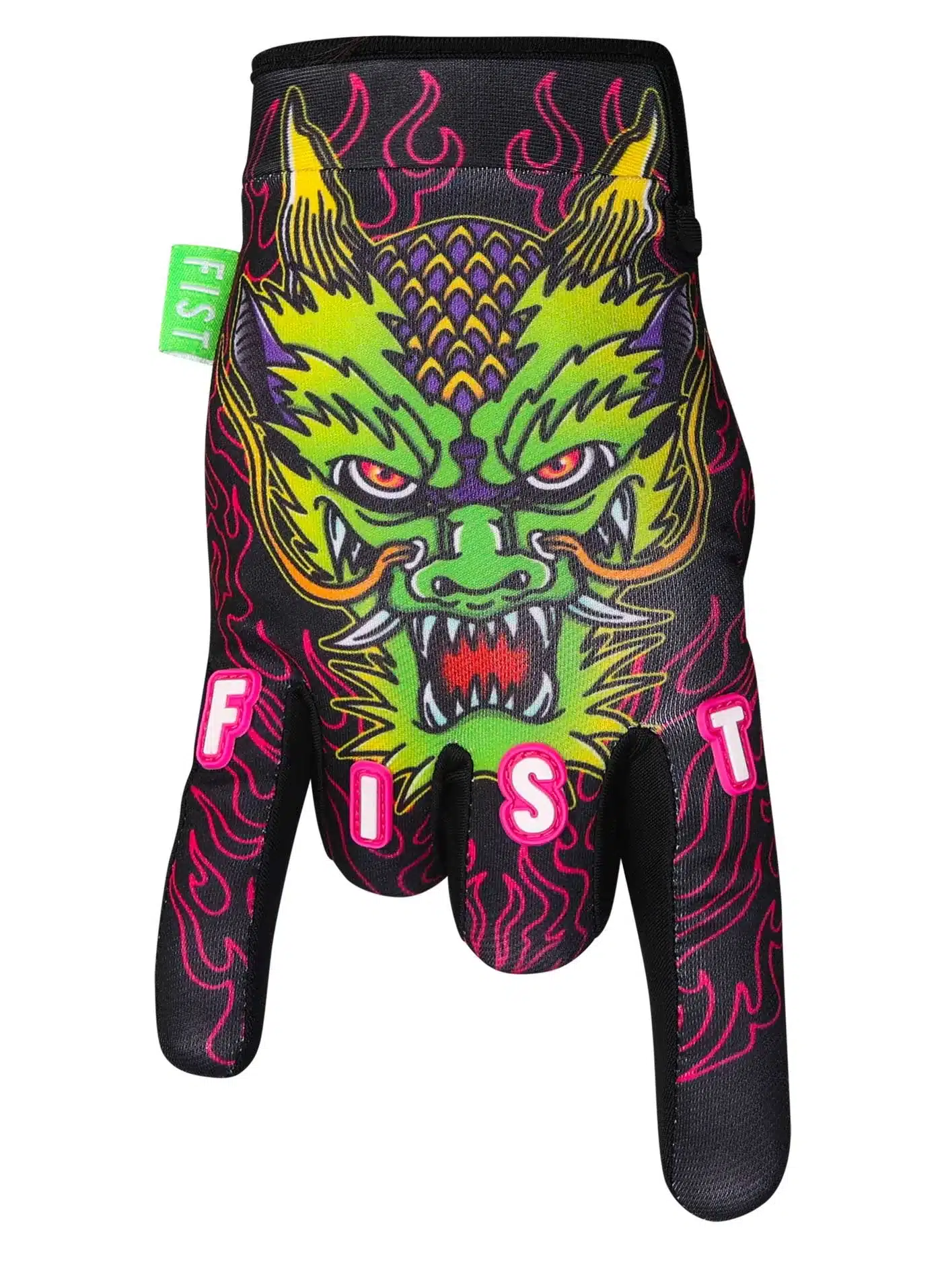 FIST Fury Offroad-Handschuh mit grünem Drachen-Print und FIST-Schriftzug auf den Fingern