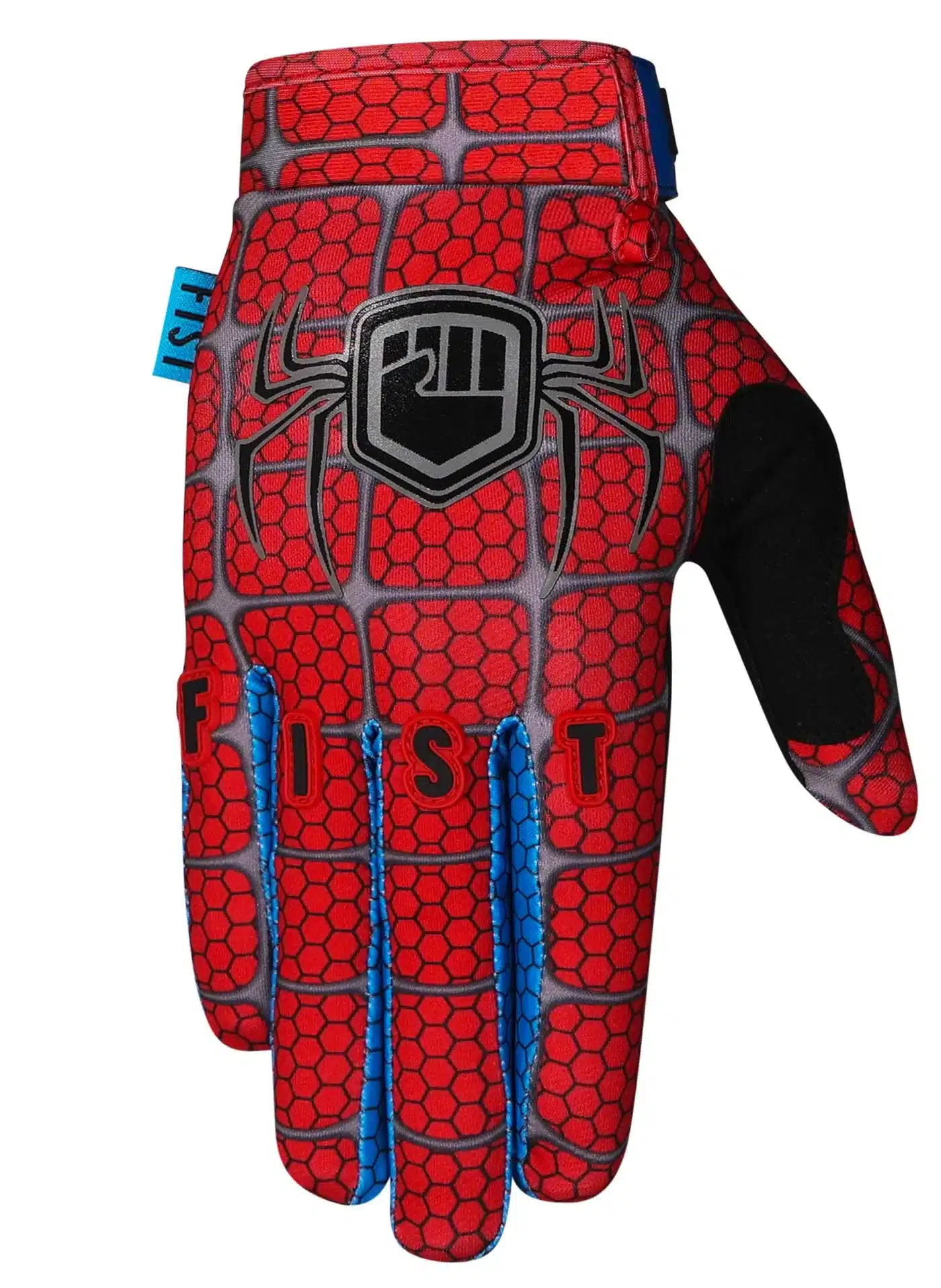 FIST WEBS Handschuh mit roter Oberseite und blauem Spinnennetz-Design für Motocross, BMX und MTB