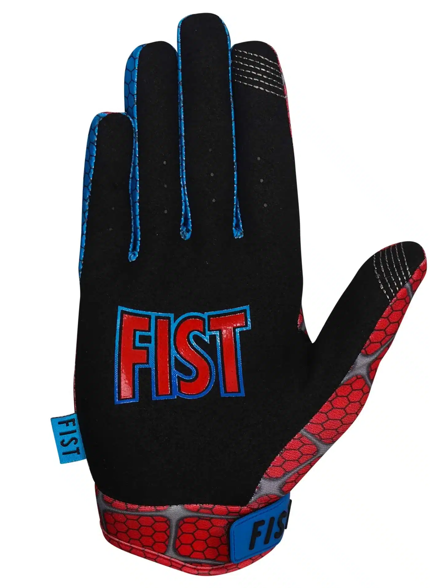 FIST WEBS Handschuh, schwarze Handfläche mit roten und blauen Details, individuell verstellbarer Verschluss