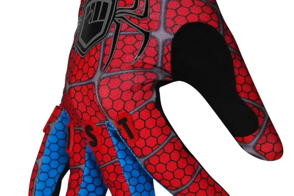 FIST WEBS Motocross-Handschuh im rot-blauen Spinnennetz-Design mit individuell verstellbarem Verschluss