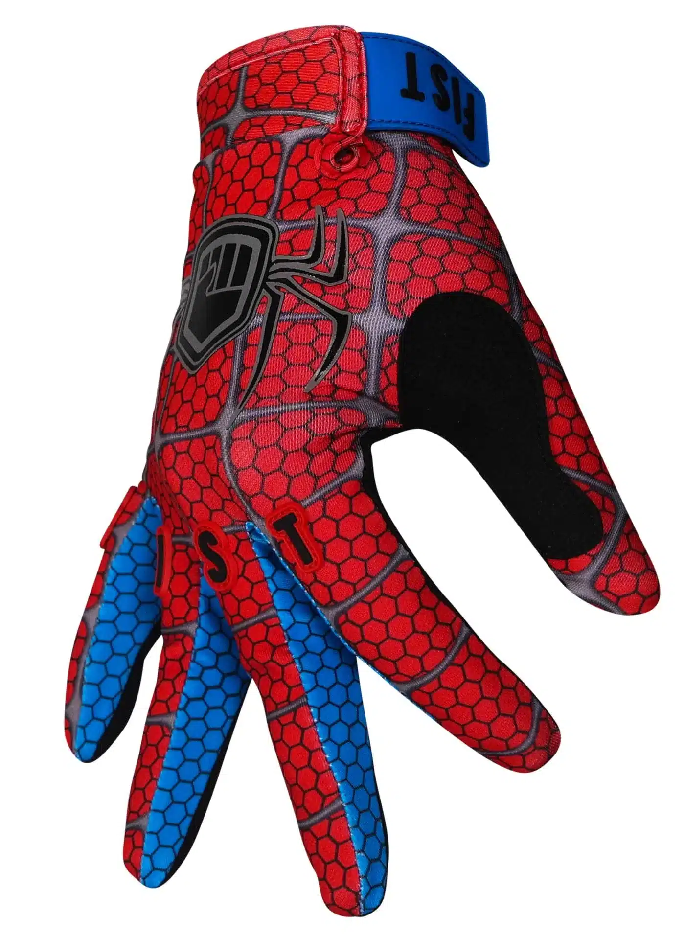 FIST WEBS Motocross-Handschuh im rot-blauen Spinnennetz-Design für optimale Rückmeldung und Flexibilität