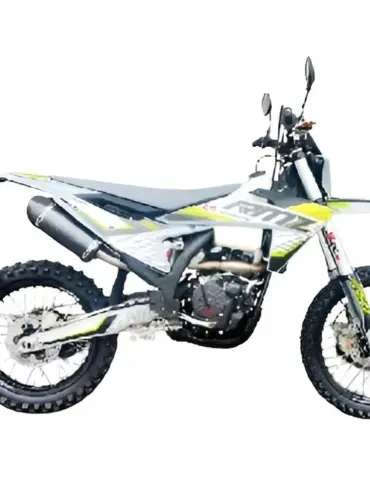 Die Hengjian S7-KE250 Enduro von der Seite, mit aggressivem Design und moderner Optik auf weißem Hintergrund.