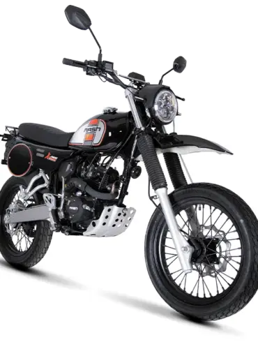 Leichtes Offroad-Motorrad Mash X-Ride 50 mit 4-Takt-Einzylinder-Motor, schwarzem Rahmen und Retro-Design.
