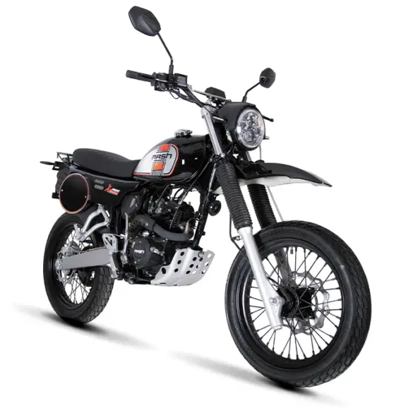 Leichtes Offroad-Motorrad Mash X-Ride 50 mit 4-Takt-Einzylinder-Motor, schwarzem Rahmen und Retro-Design.
