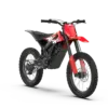 Seitliche Ansicht der roten RFN Ares Rally Pro Elektro-Enduro mit robustem Offroad-Design.