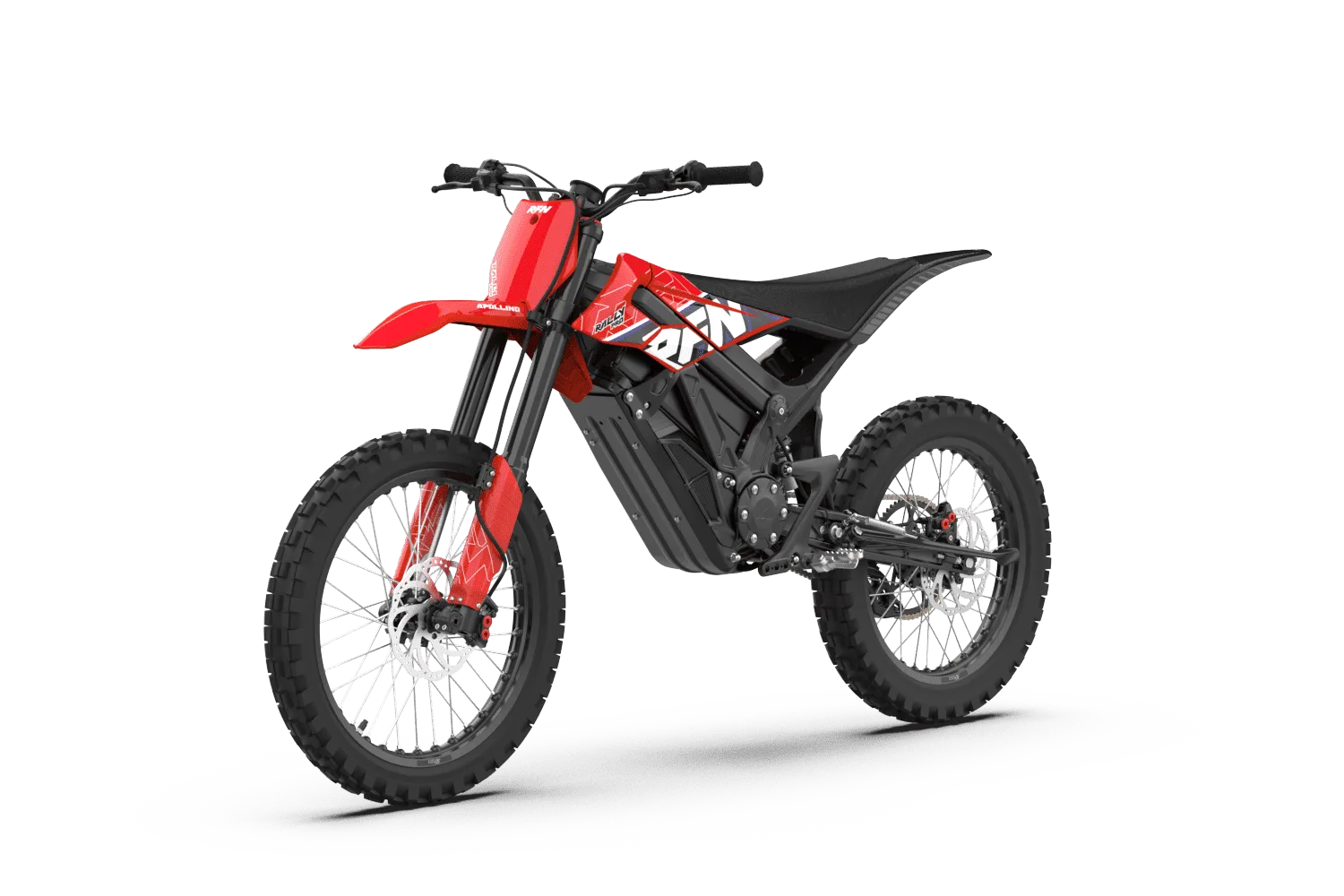 Seitliche Ansicht der RFN Ares Rally Pro Elektro-Enduro, rot-schwarzes Offroad-Motorrad vor weißem Hintergrund