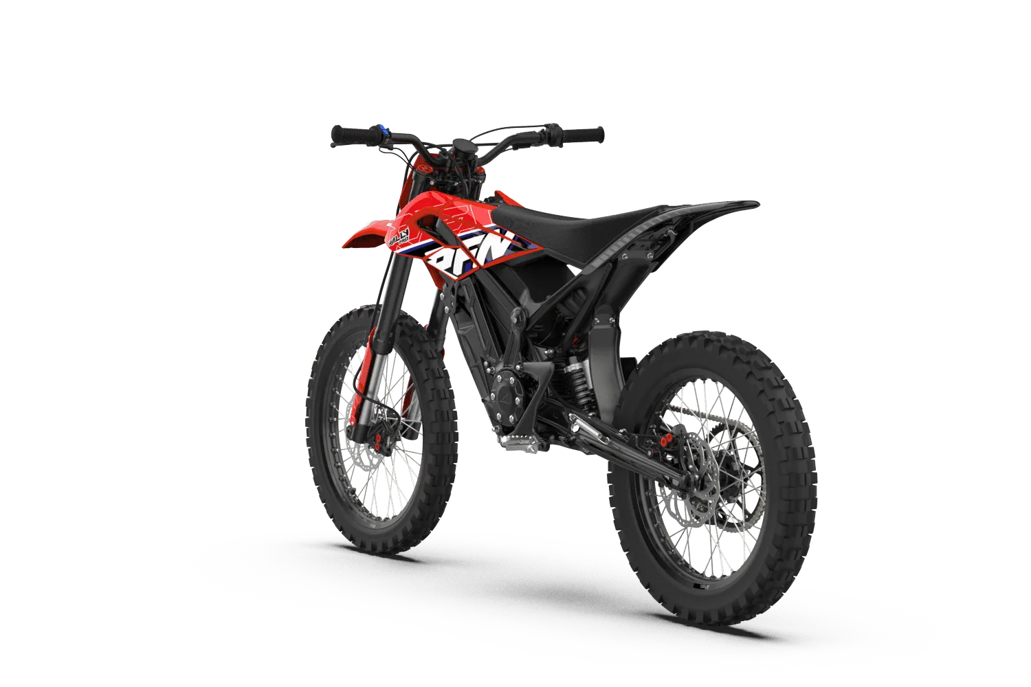 RFN Ares Rally Pro Elektro-Enduro-Motorrad von schräg hinten, mit Offroad-Bereifung und sportlicher Optik
