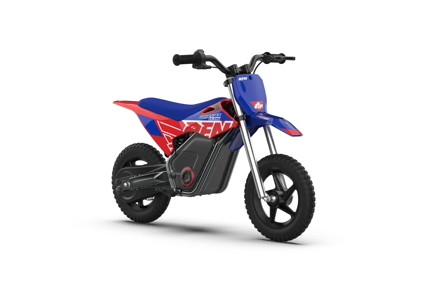 Kinder-Elektro-Motocross RFN Warrior Kids SX-E150 in Blau-Rot, Seitenansicht vor weißem Hintergrund