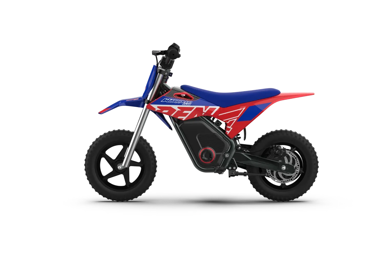 Seitenansicht des RFN Warrior Kids SX-E150 Elektro-Kinder-Motocross-Motorrads in Blau und Rot