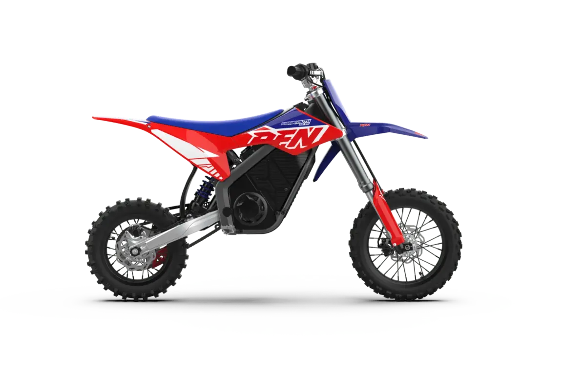 RFN Warrior SX-E5 Elektromotorrad für Kinder, Seitenansicht, rot-blaues Design auf weißem Hintergrund