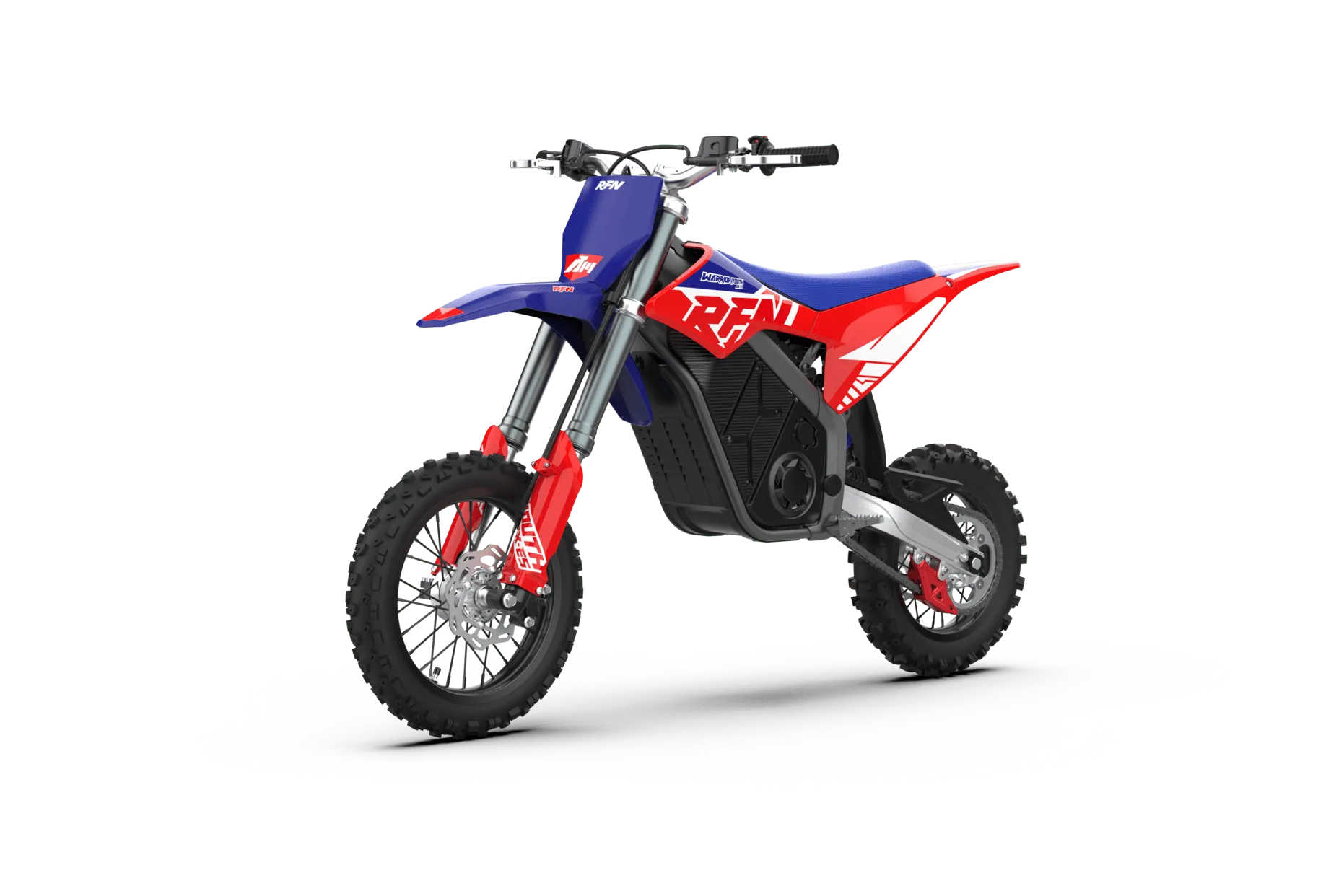 RFN Warrior SX-E5 Electric Dirt Bike für Kinder, modernes Elektro-Motocross-Bike in Rot und Blau