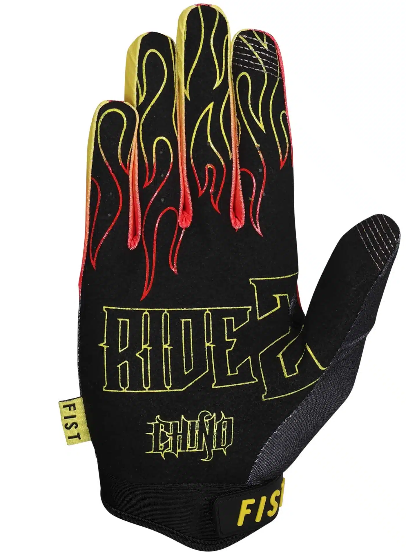 Motocross-Handschuh FIST CHINO BRAXTON - FLAME mit Flammenmuster und Schriftzug auf schwarzem Material