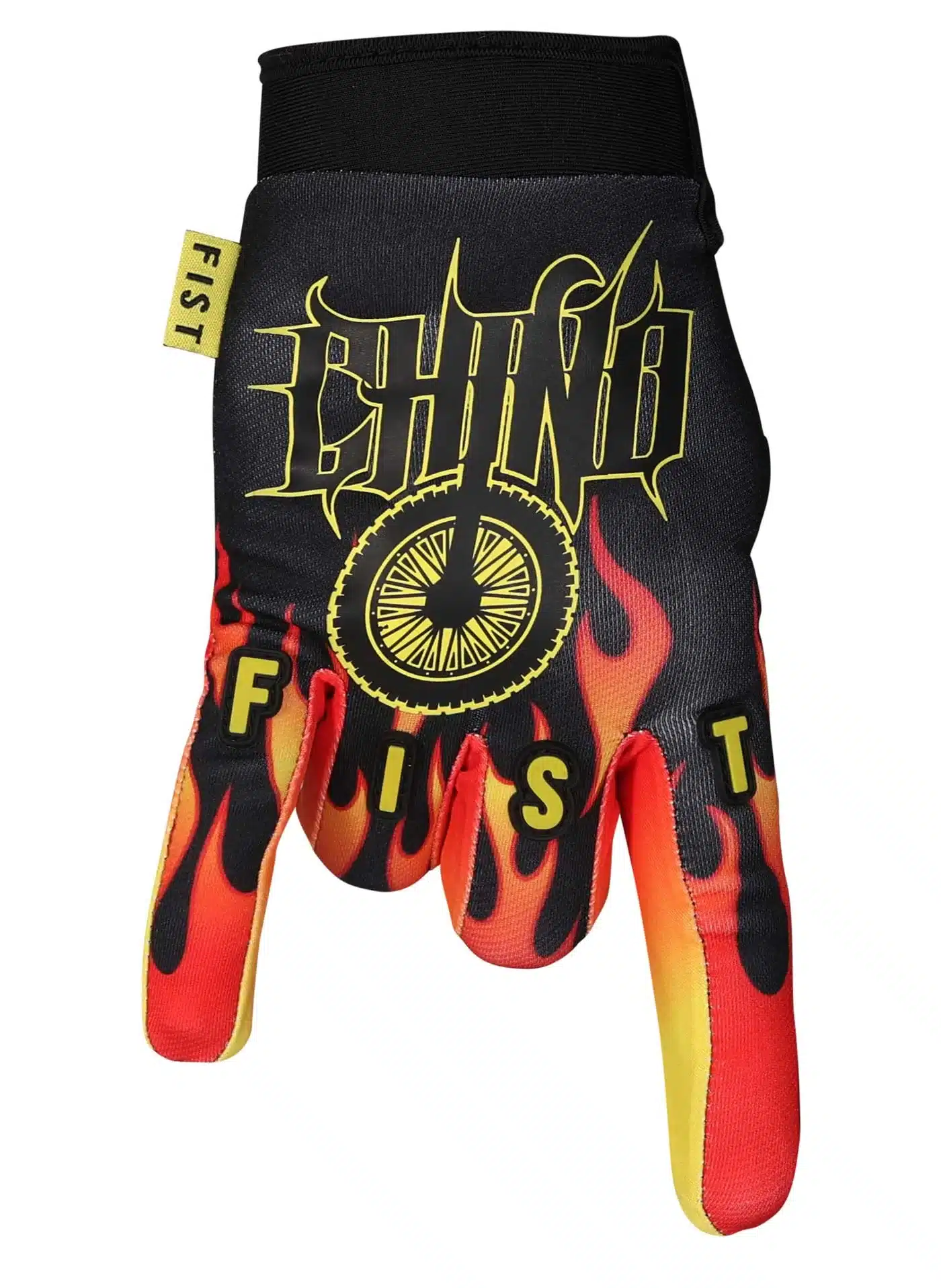 Motocross-, BMX- und MTB-Handschuh CHINO BRAXTON - FLAME von FIST Handwear in Schwarz mit gelbem Flammenmotiv.