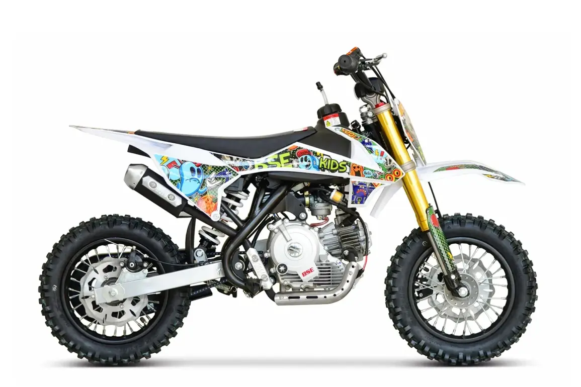 Pitbike für Kinder mit grafischem Dekor, 60ccm Motor, Upside-down-Gabel und Stollenreifen