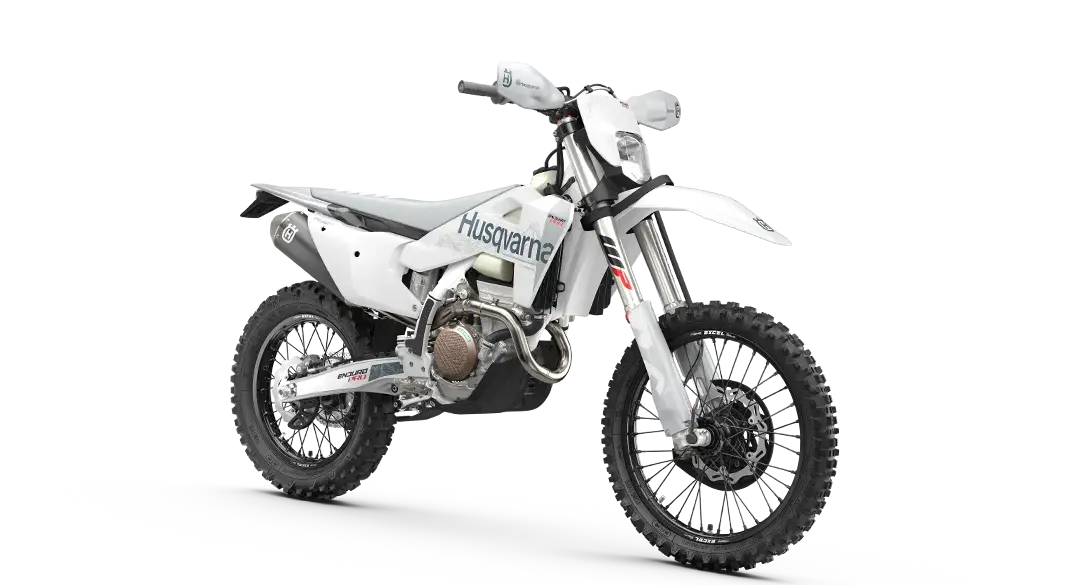 Husqvarna FE 350 Pro 2027 Enduro-Motorrad seitlich, weiß-graues Design, Geländebereifung