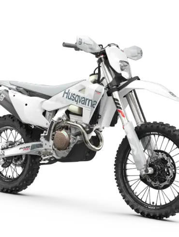Husqvarna FE 350 Pro 2027 Enduro-Motorrad seitlich, weiß-graues Design, Geländebereifung