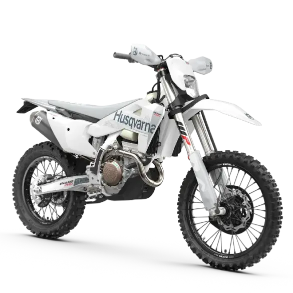 Husqvarna FE 350 Pro 2027 Enduro-Motorrad seitlich, weiß-graues Design, Geländebereifung