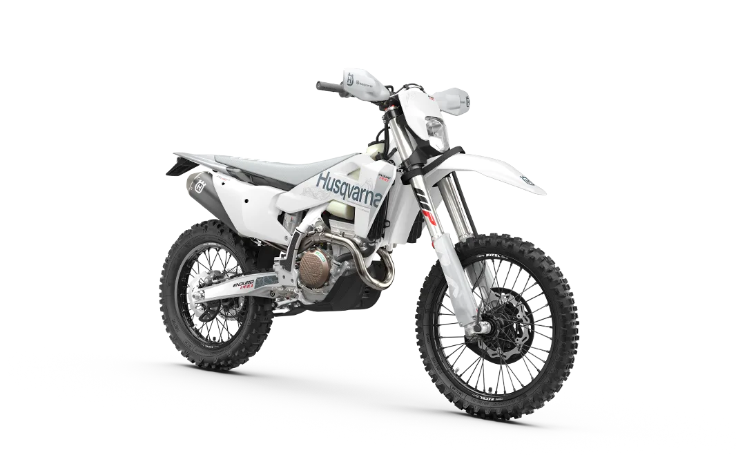 Husqvarna FE 350 Pro 2027 Enduro-Motorrad seitlich, weiß-graues Design, Geländebereifung