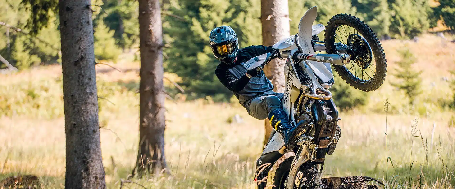 Fahrer auf einer Husqvarna FE 350 Pro 2027 beim Offroad-Einsatz im Wald beim Wheelie über einen Baumstumpf.