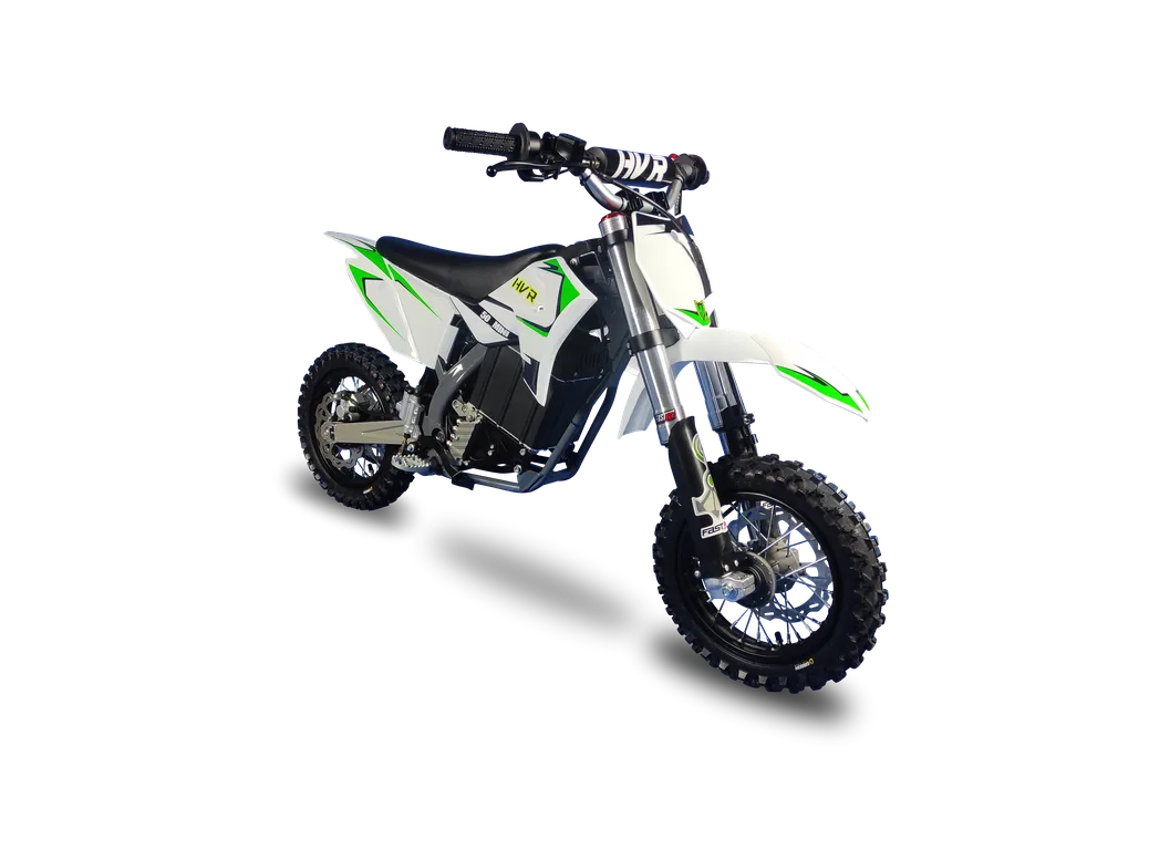 Weiße HVR 50 Kindermotocross mit grün-schwarzen Akzenten, elektrische Ausführung, seitliche Ansicht