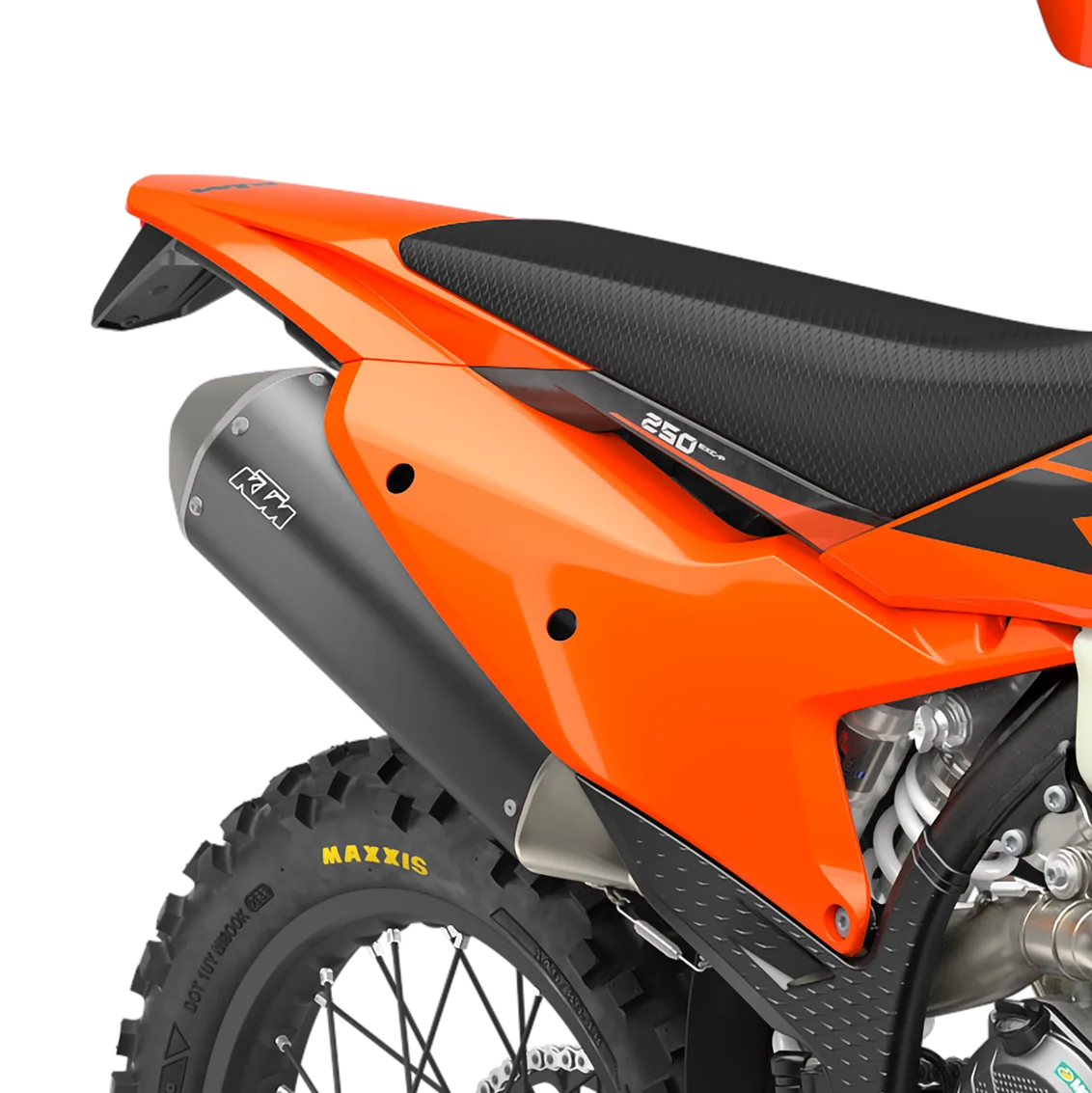 Heck, Auspuff und Seitenteil einer KTM 250 EXC-F Enduro im Detail, orange lackiert mit '250 EXC-F' Schriftzug.