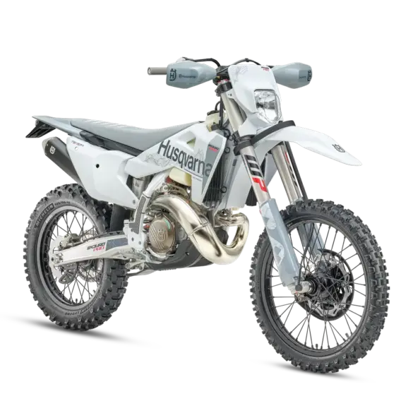 Husqvarna TE 300 Pro 2027 Enduro-Motorrad in Seitenansicht, weiß-graues Design, Offroad-Bereifung