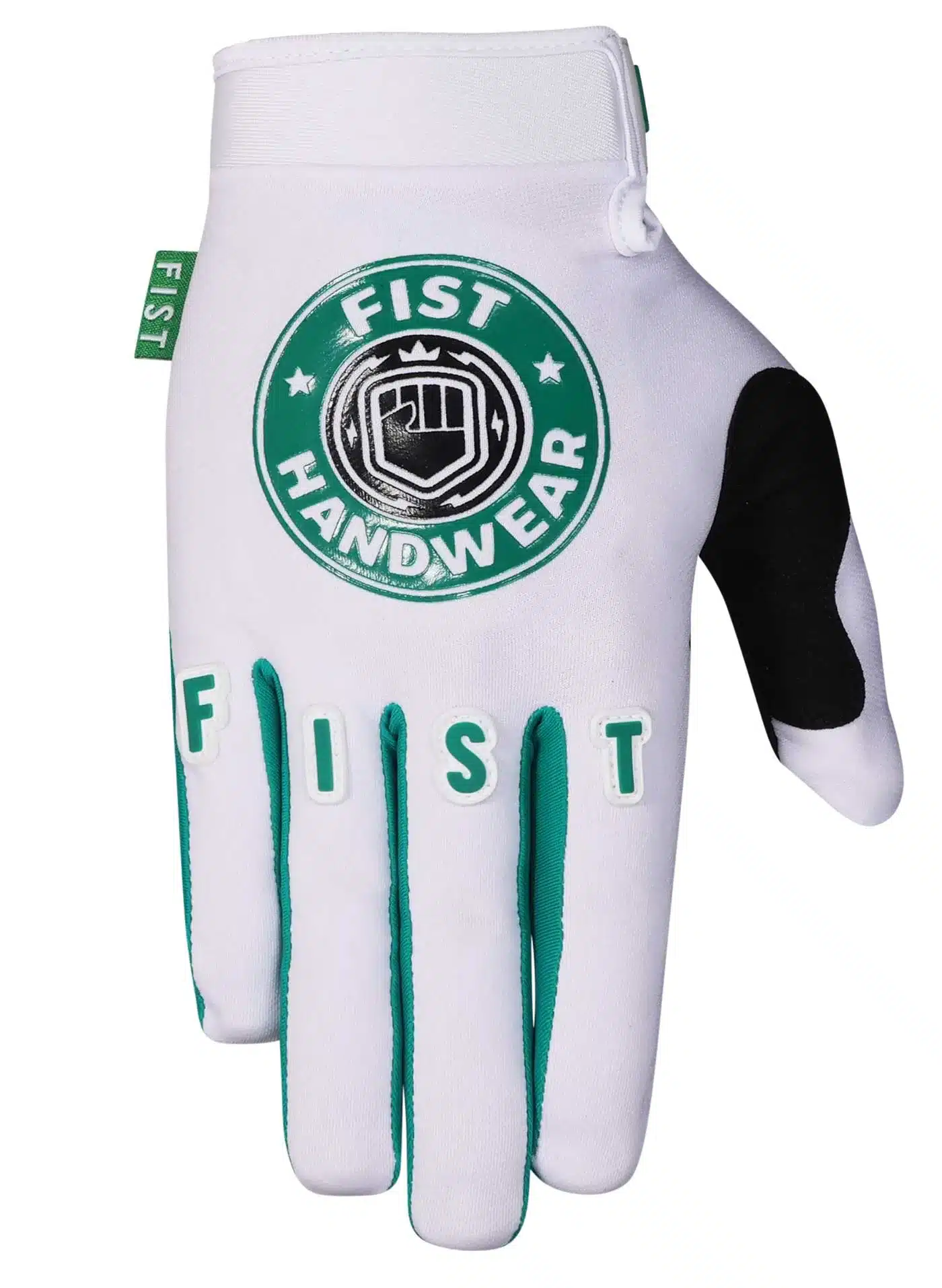 FIST Handwear ROASTED Handschuh in Weiß mit grünem Logo und FIST-Schriftzug