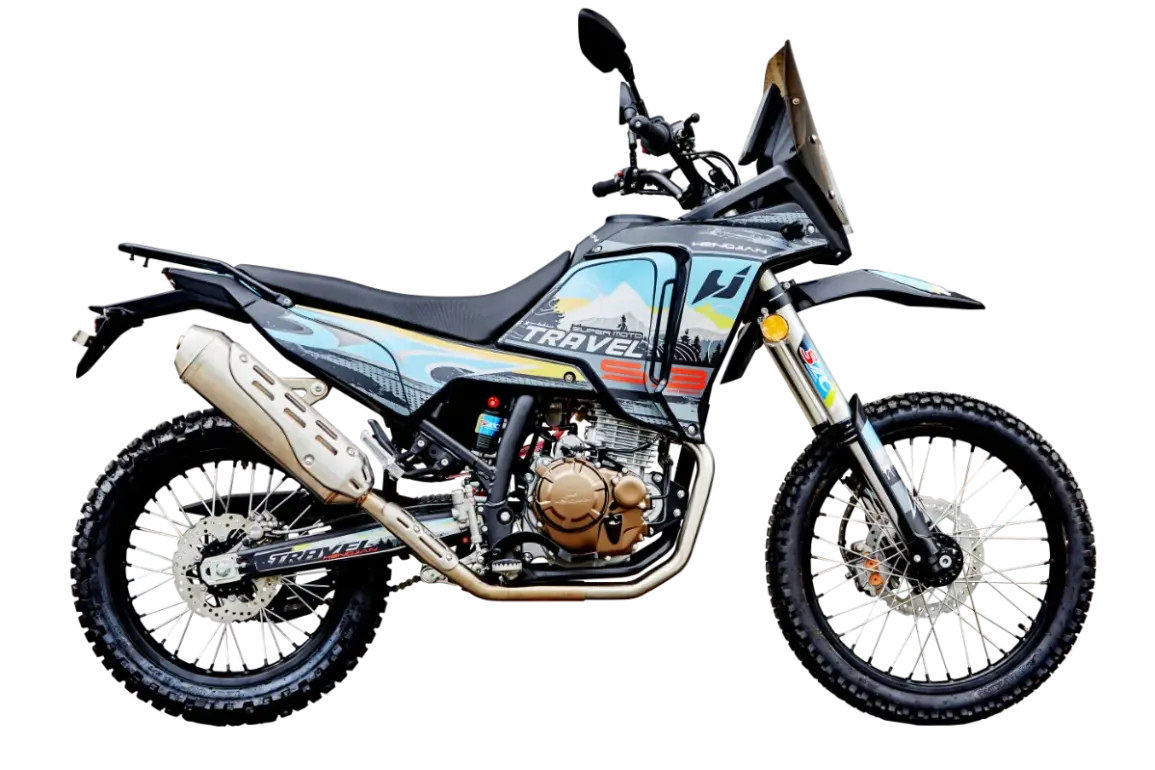 Hengjian S3-FE300 Enduro-Motorrad mit großem Tank und Offroad-Ausstattung in seitlicher Ansicht.