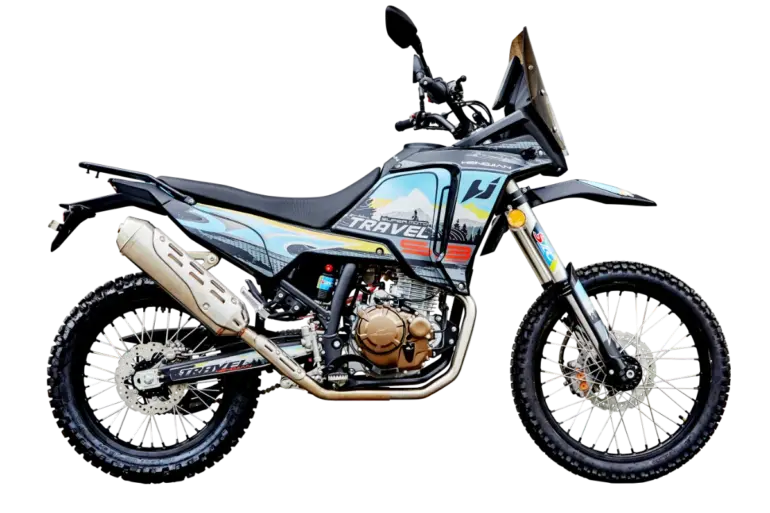 Hengjian S3-FE300 Enduro-Motorrad mit großem Tank und Offroad-Ausstattung in seitlicher Ansicht.