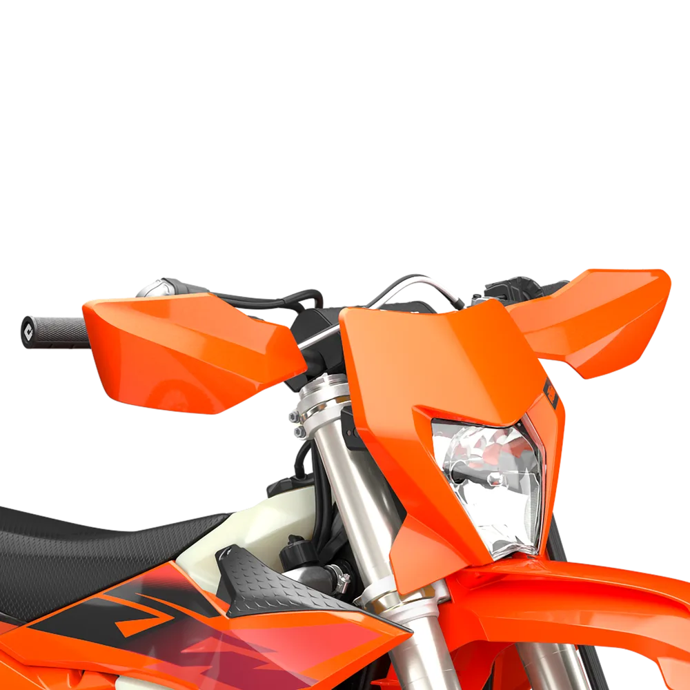 Detailansicht der Frontpartie einer KTM 350 EXC-F 2027 mit Scheinwerfer und Handguards.