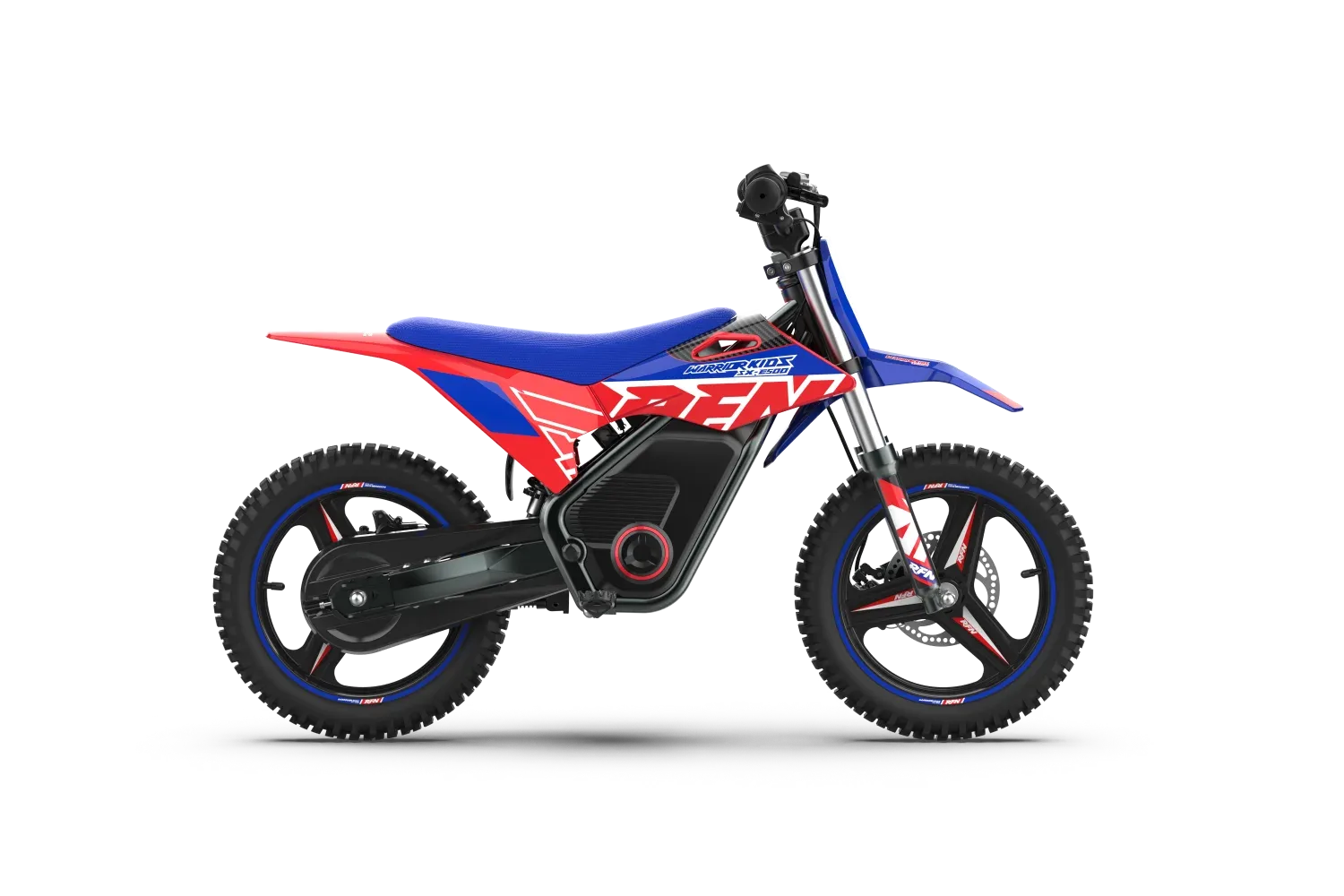 Seitenansicht der RFN Warrior Kids SX-E500, einer elektrisch betriebenen Minicross für Kinder im Alter von 4 bis 8 Jahren
