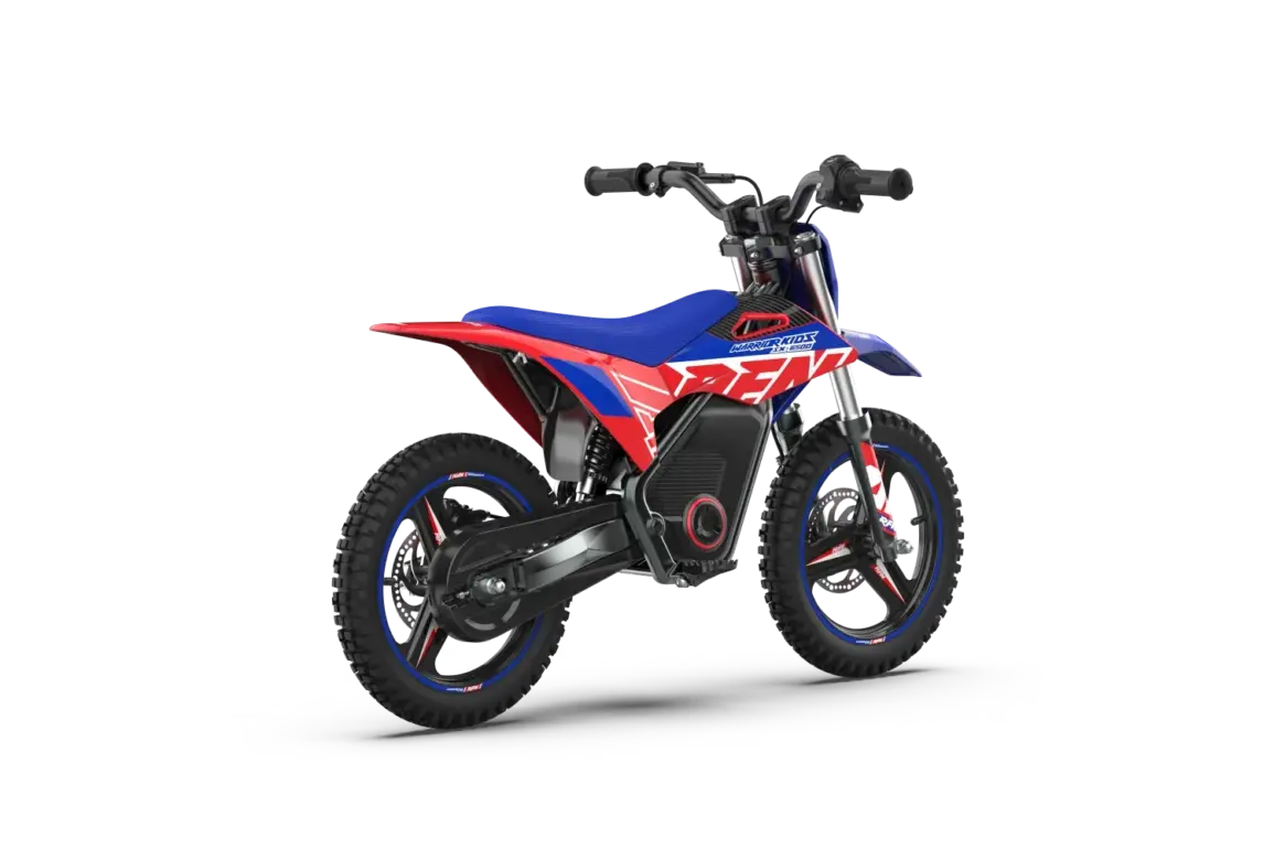 Elektrisches Kinder-Minicross-Motorrad RFN Warrior Kids SX-E500 in Blau und Rot auf weißem Hintergrund.