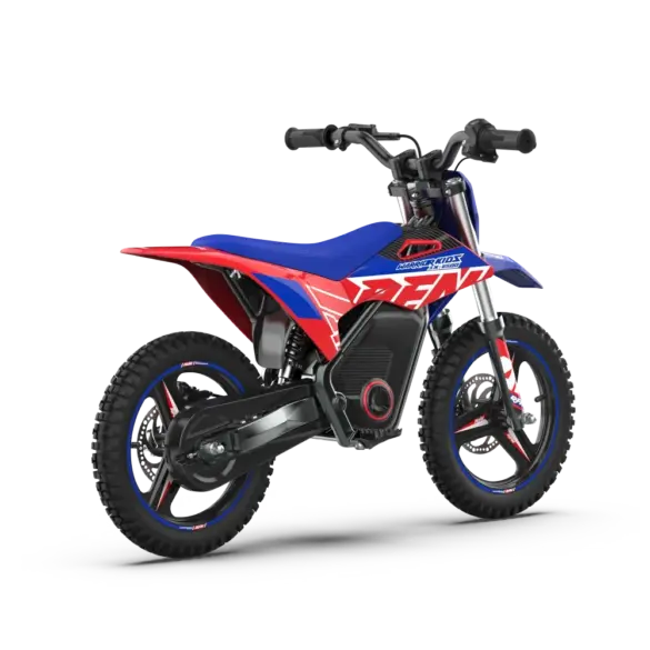 Elektrisches Kinder-Minicross-Motorrad RFN Warrior Kids SX-E500 in Blau und Rot auf weißem Hintergrund.