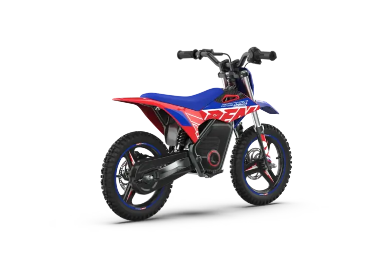 Elektrisches Kinder-Minicross-Motorrad RFN Warrior Kids SX-E500 in Blau und Rot auf weißem Hintergrund.